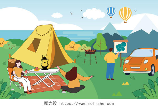 户外露营野餐的画面野餐活动一起旅行扁平化AI素材插画